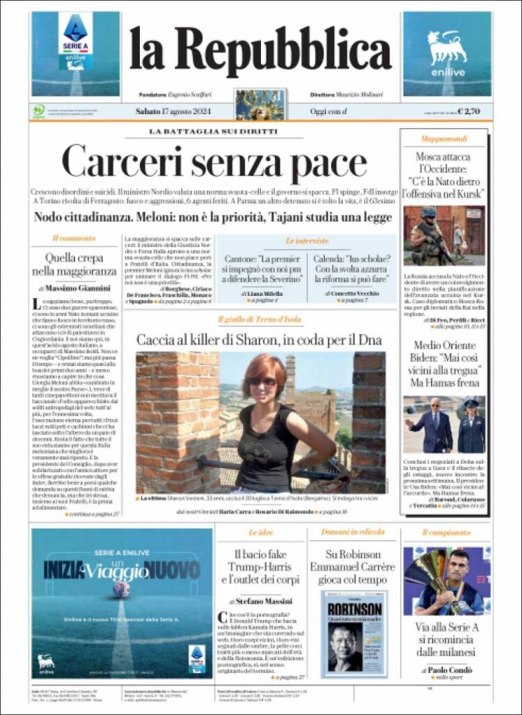 Portada de La Repubblica (Italia)