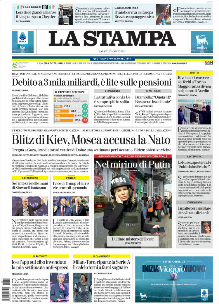 Portada de La Stampa (Italia)