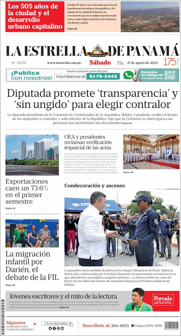 Portada de La Estrella de Panamá (Panam&aacute;)