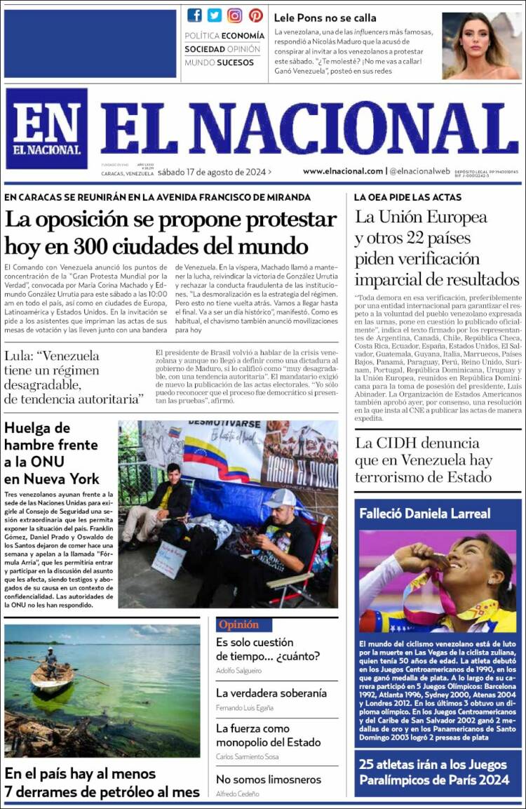 Portada de El Nacional (Venezuela)