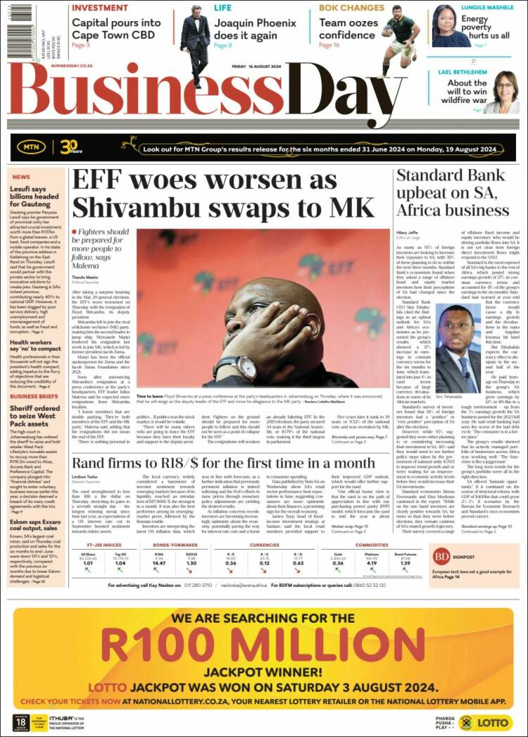 Portada de Business Day (Sud&aacute;frica)