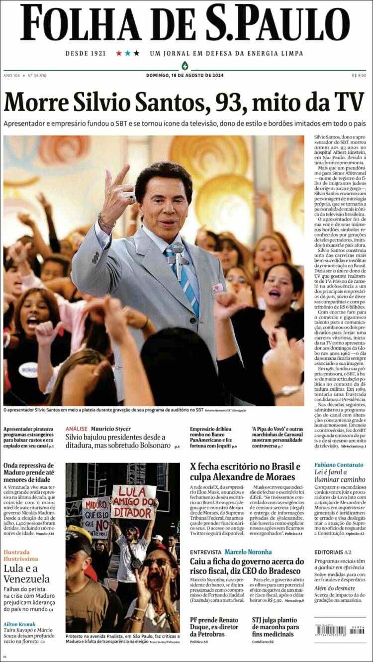 Portada de Folha de São Paulo (Brasil)