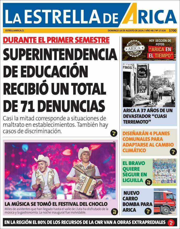 Portada de La Estrella de Arica (Chile)