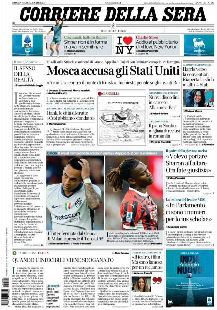 Portada de Corriere della Sera (Italia)