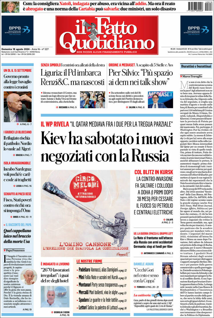 Portada de Il Fatto Quotidiano (Italia)