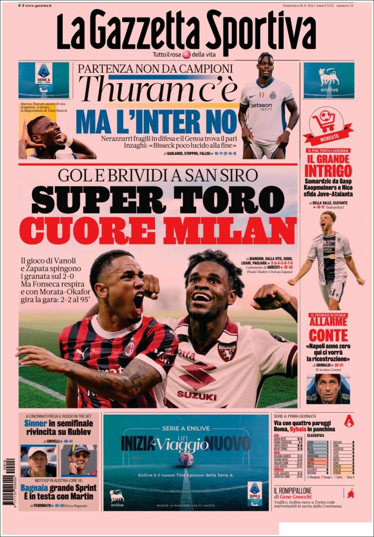 Portada de La Gazzetta dello Sport (Italia)