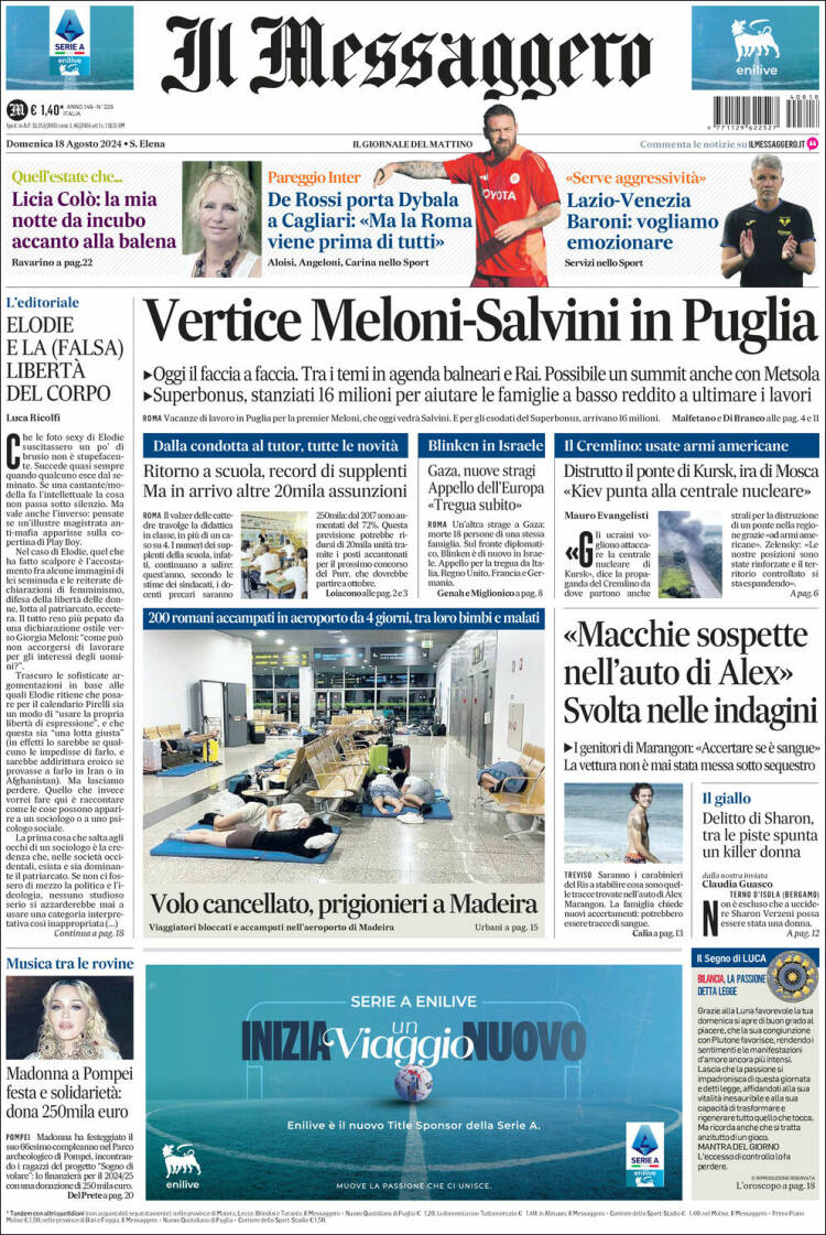 Portada de Il Messaggero (Italia)