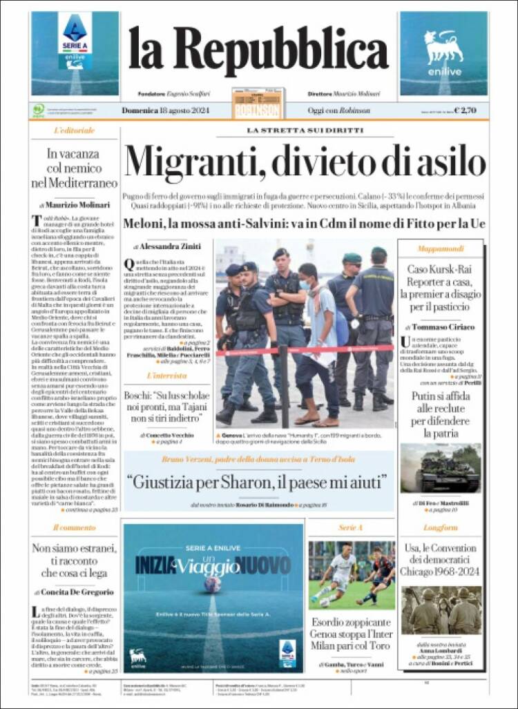Portada de La Repubblica (Italia)