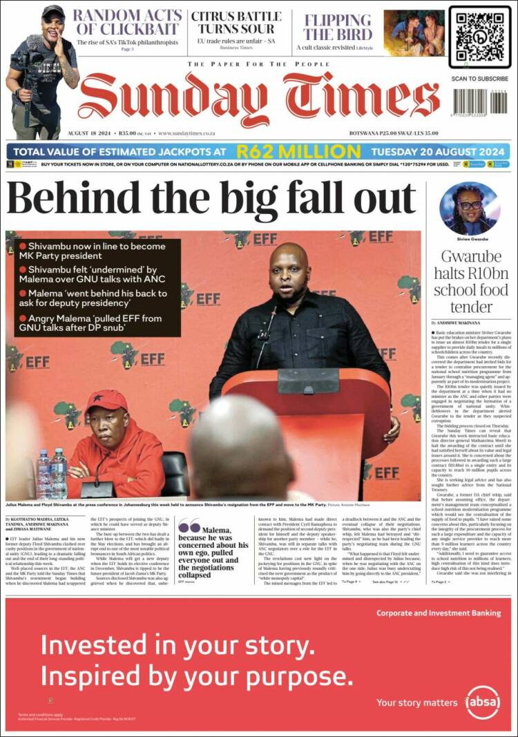 Portada de The Times (Sud&aacute;frica)