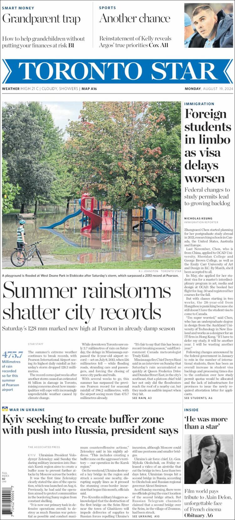 Portada de The Toronto Star (Canadá)