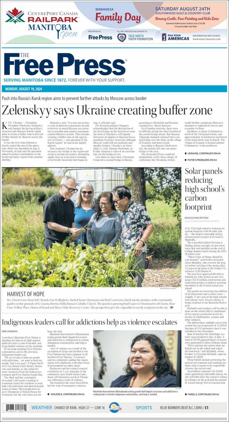 Portada de Winnipeg Free Press (Canada)