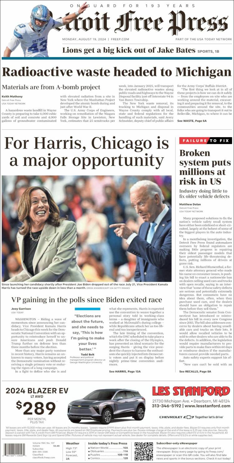 Portada de Detroit Free Press (USA)