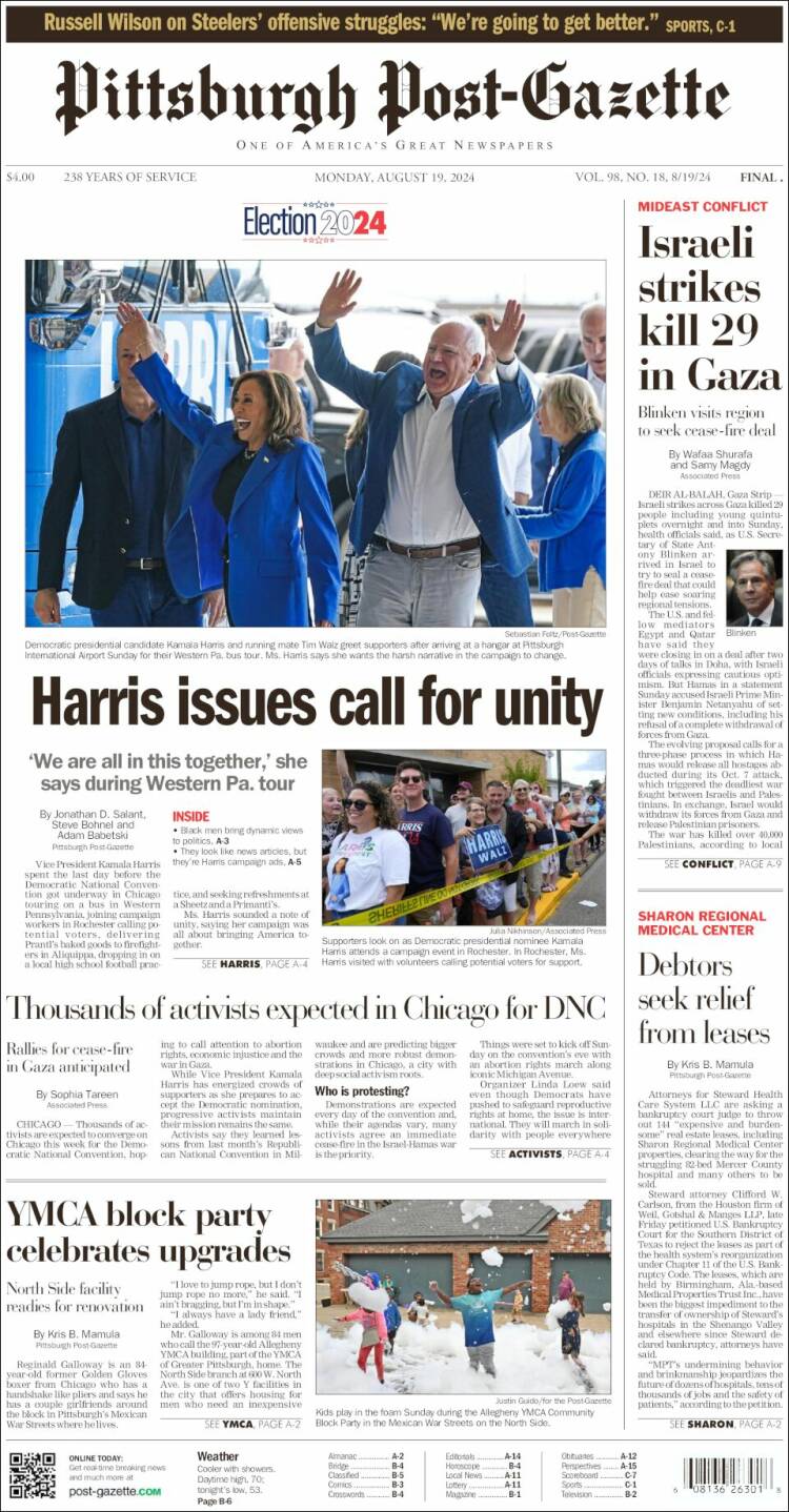 Portada de Pittsburgh Post-Gazette (USA)
