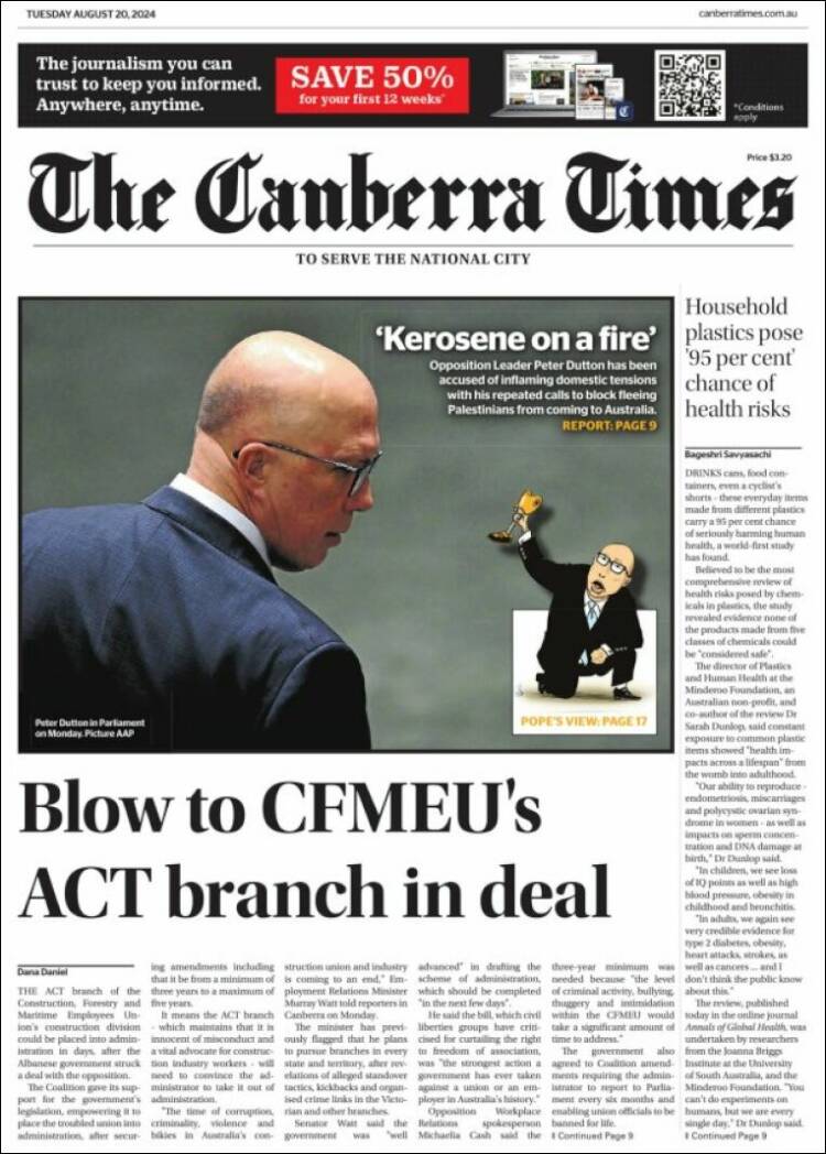 Portada de The Canberra Times (Australia)