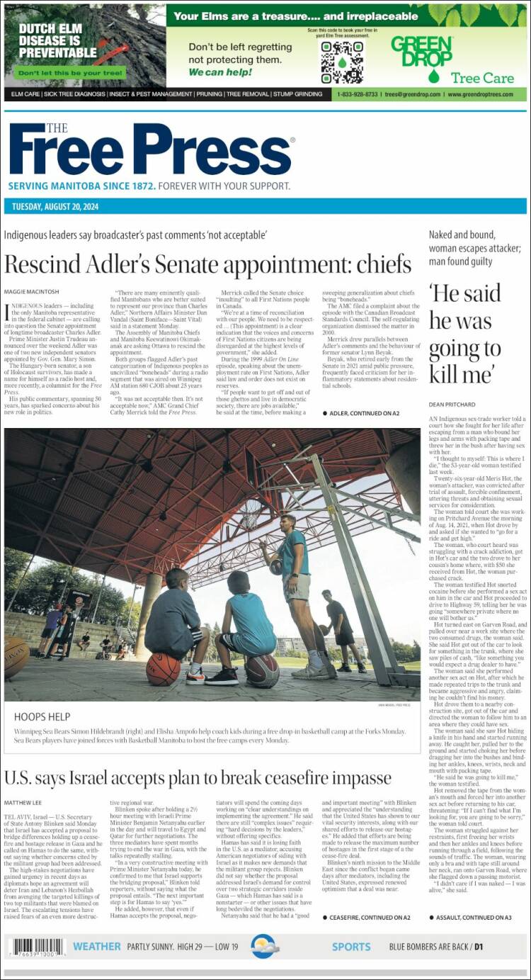 Portada de Winnipeg Free Press (Canadá)