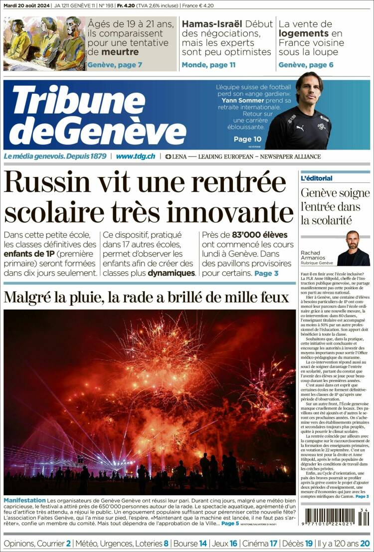 Portada de La Tribune de Genève (Suisse)