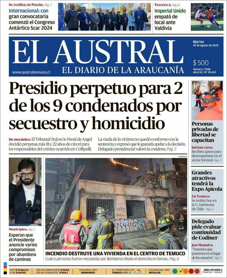 Portada de El Austral de Temuco (Chile)