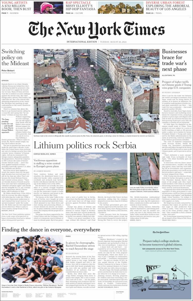 Portada de International New York Times (Europa)