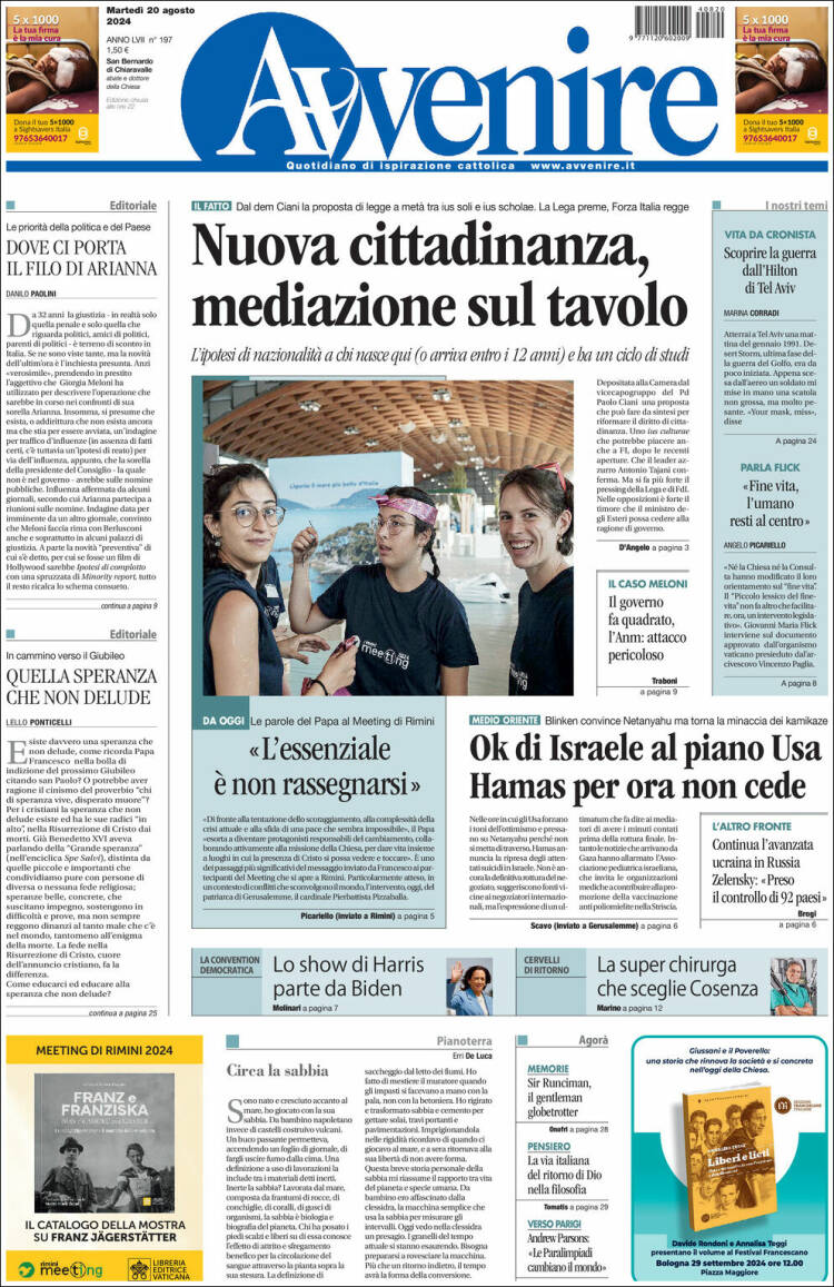 Portada de Avvenire (Italia)