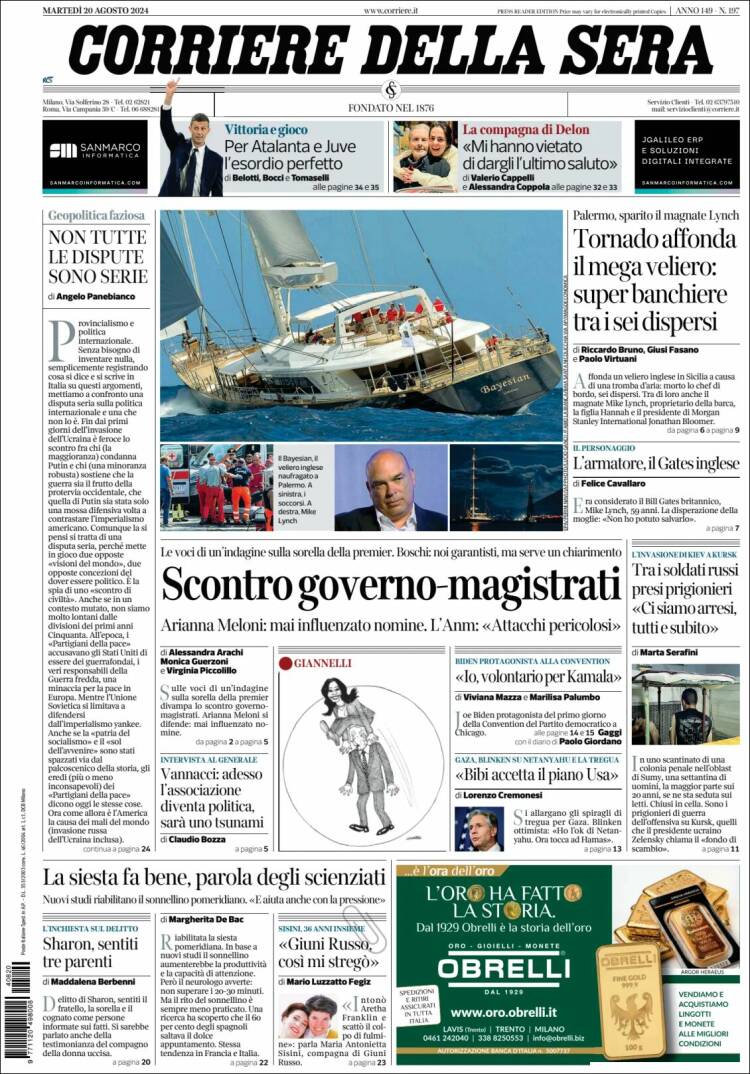 Portada de Corriere della Sera (Italia)