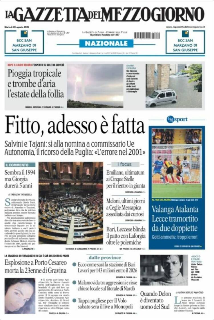 Portada de La Gazzetta del Mezzogiorno (Italia)