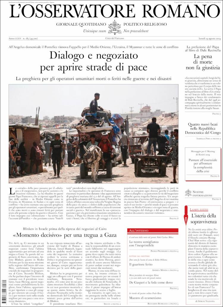 Portada de L'Osservatore Romano (Italia)
