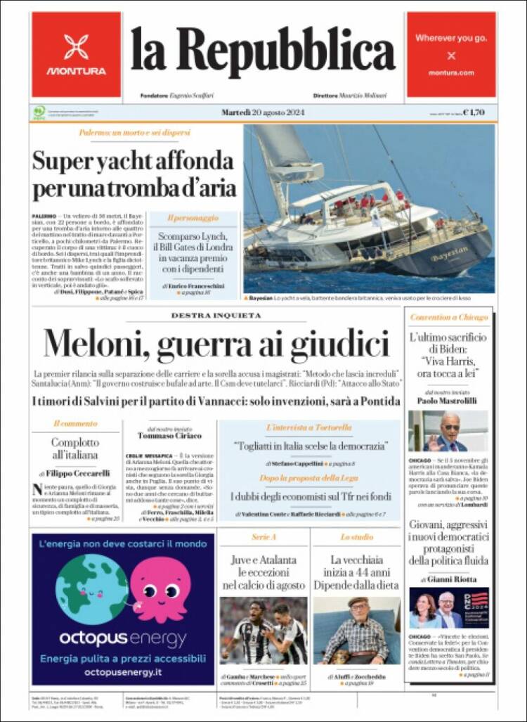 Portada de La Repubblica (Italia)
