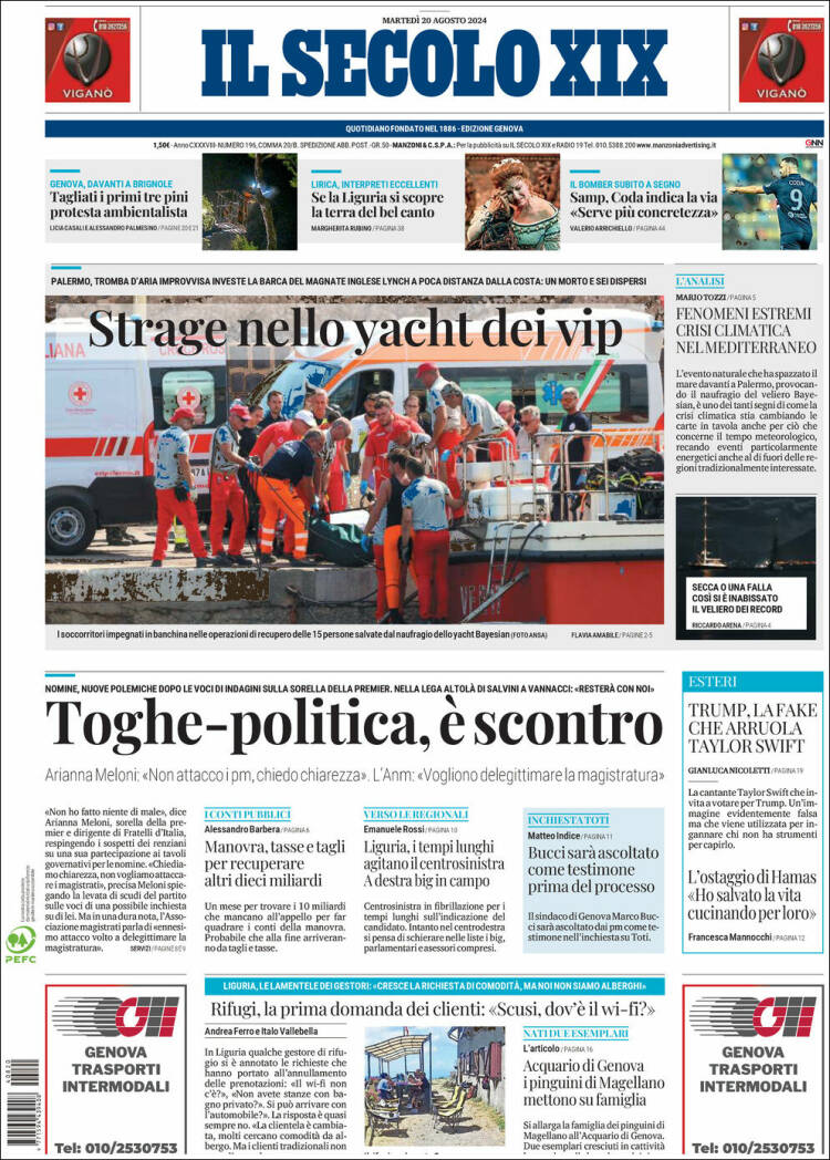 Portada de Il Secolo XIX (Italia)