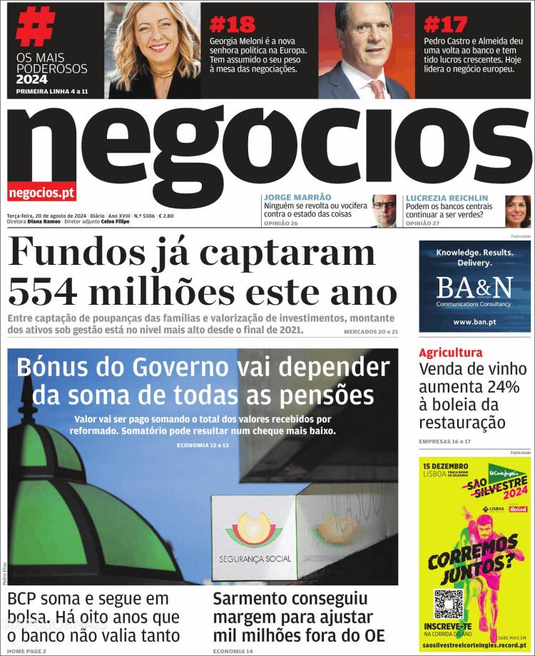 Portada de Jornal de Negócios (Portugal)