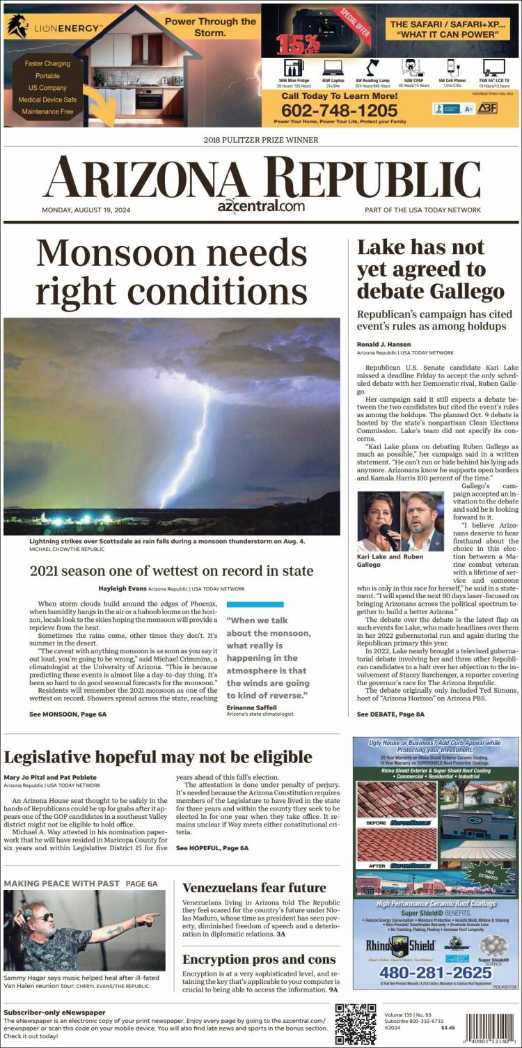 Portada de Arizona Republic News (USA)
