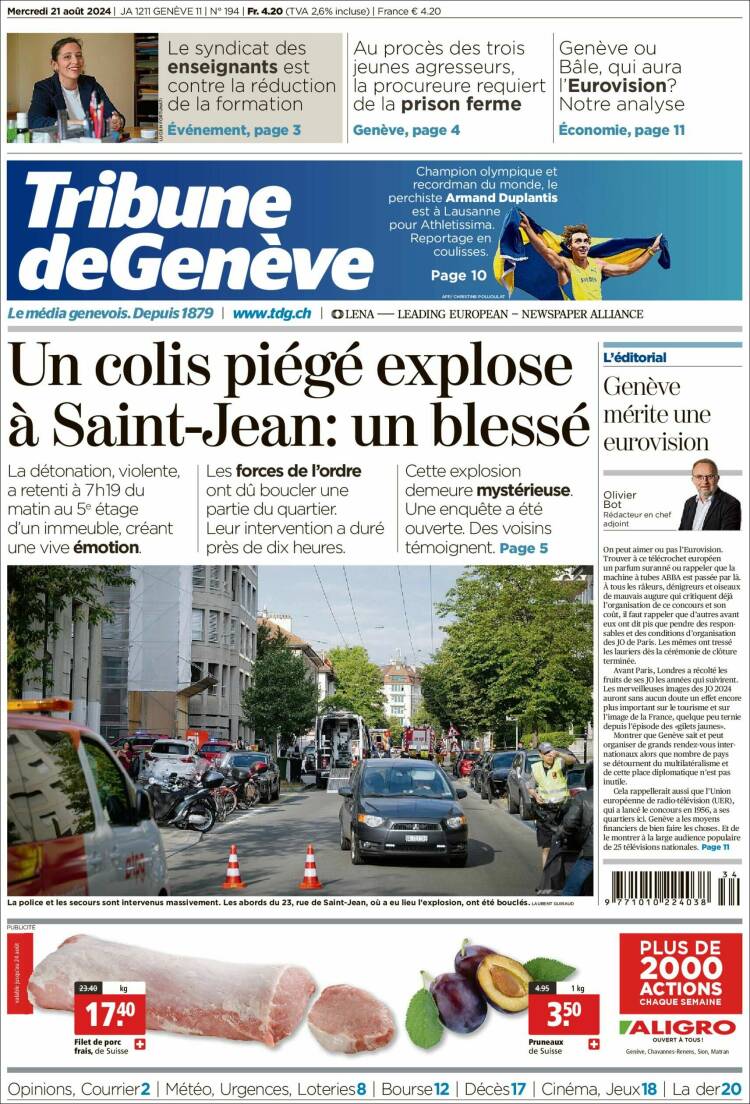 Portada de La Tribune de Genève (Suiza)