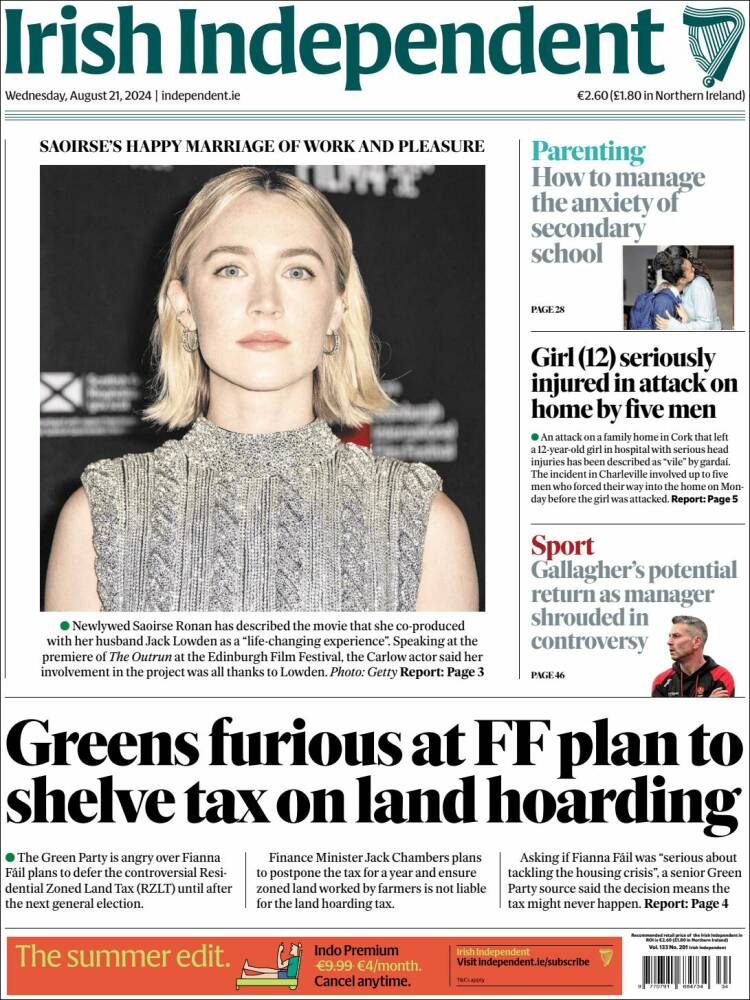 Portada de Irish Independent (Irlanda)