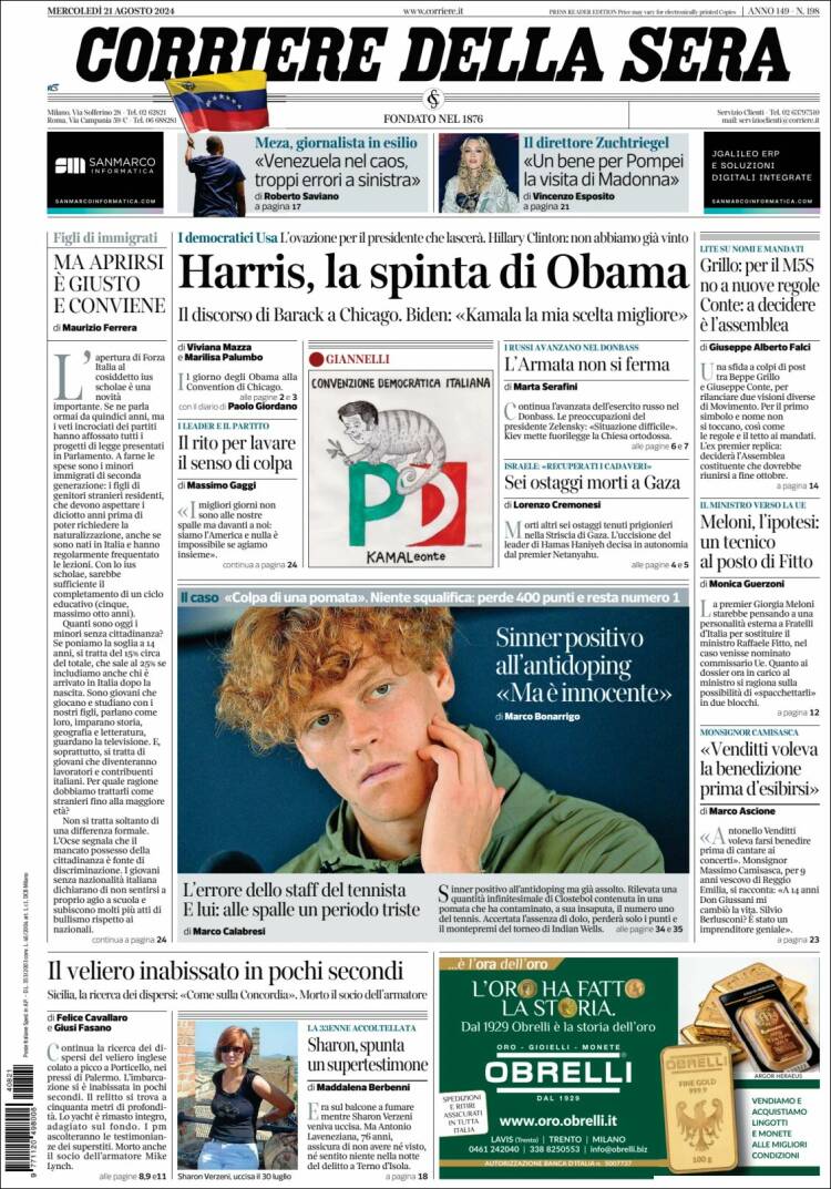 Portada de Corriere della Sera (Italia)