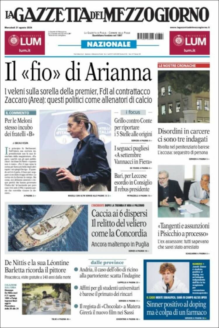 Portada de La Gazzetta del Mezzogiorno (Italia)