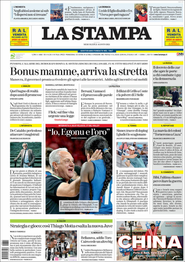 Portada de La Stampa (Italia)