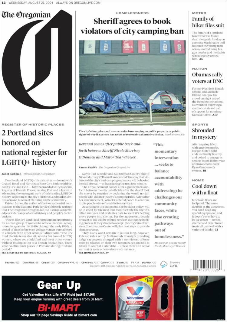 Portada de The Oregonian (USA)