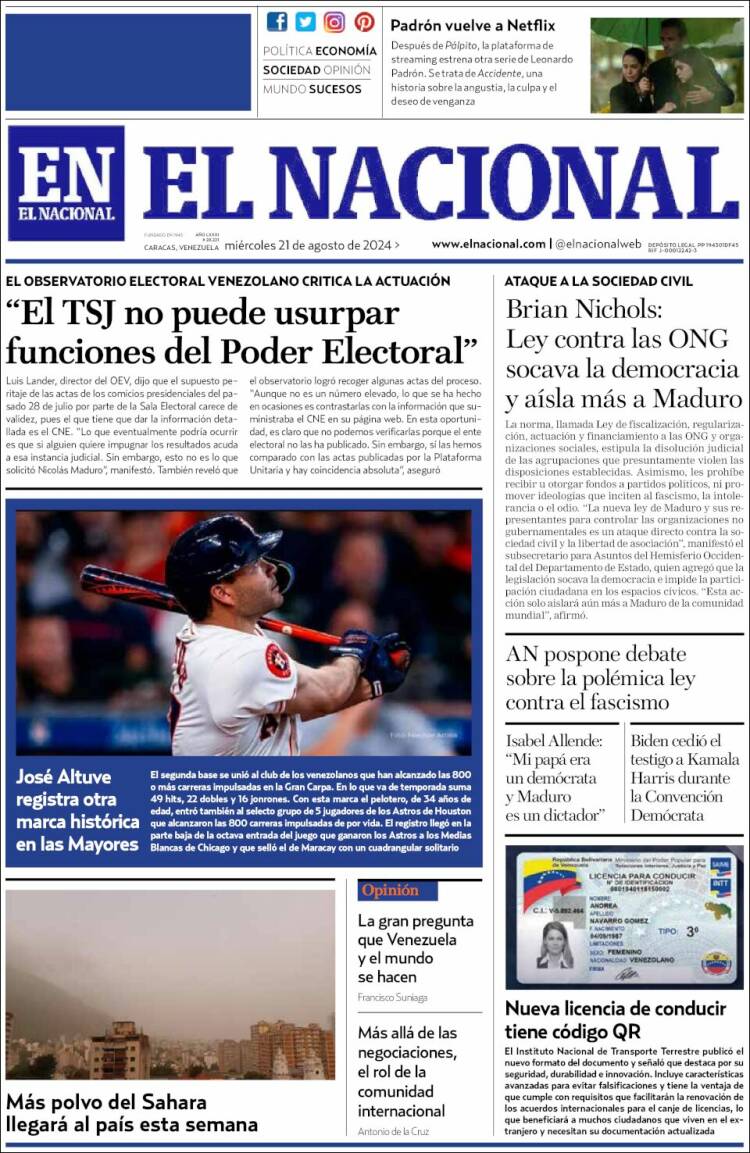 Portada de El Nacional (Venezuela)