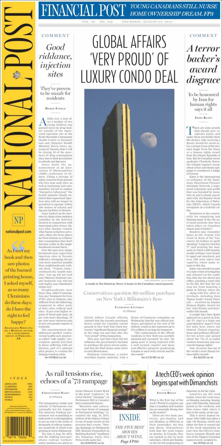 Portada de The National Post (Canadá)