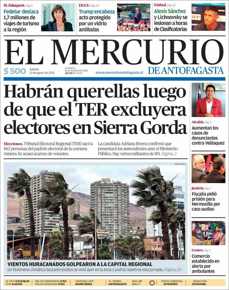 Portada de El Mercurio de Antofagasta (Chile)