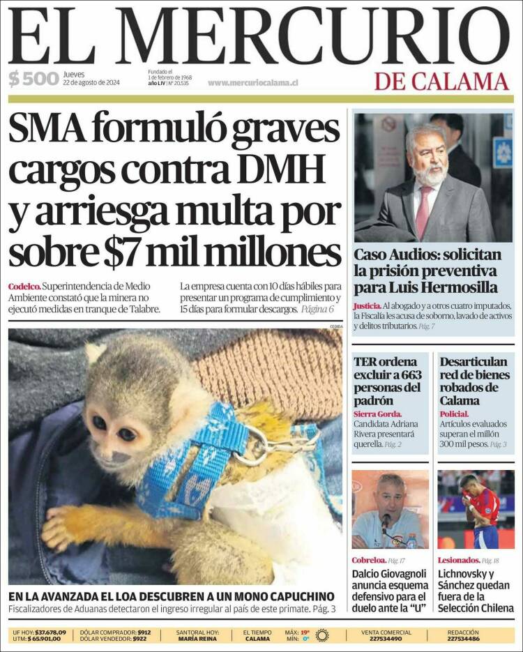 Portada de El Mercurio - Calama (Chile)