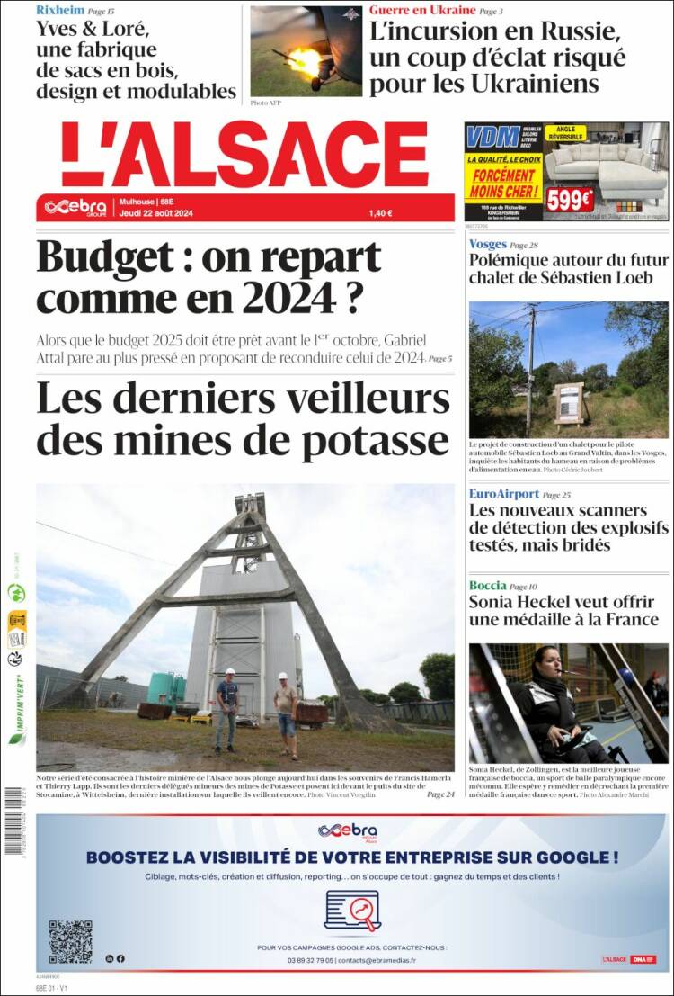 Portada de Journal L'Alsace (Francia)