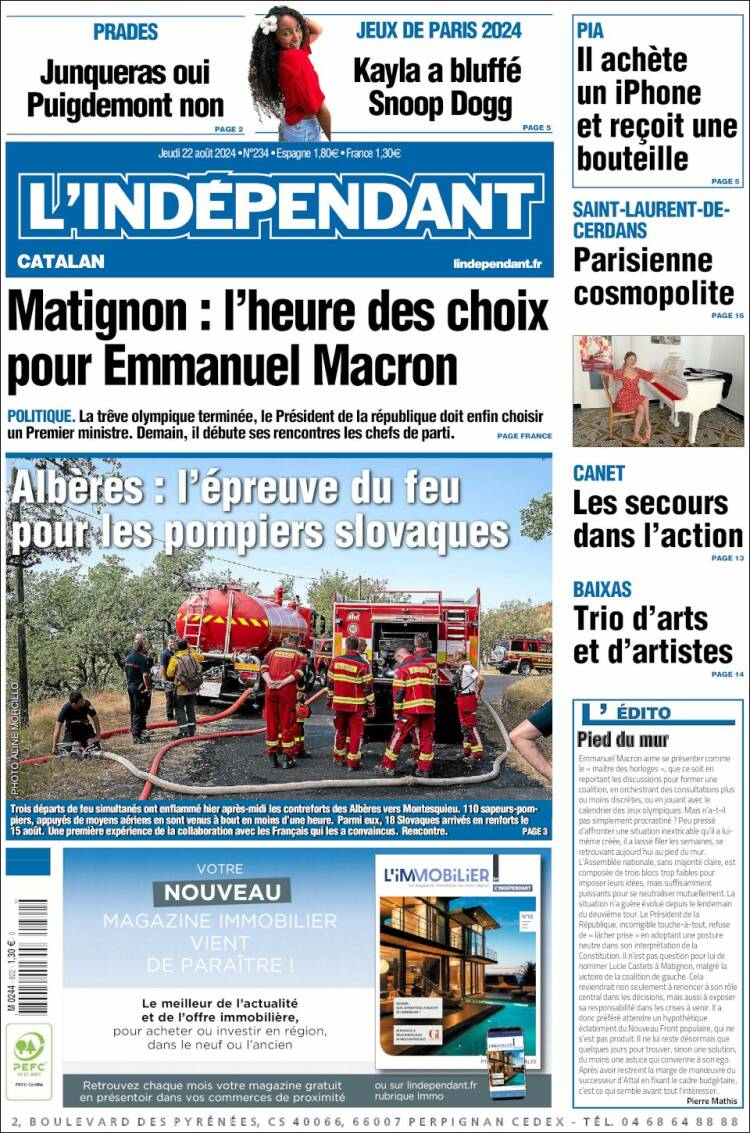 Portada de Le Indépendant (Francia)