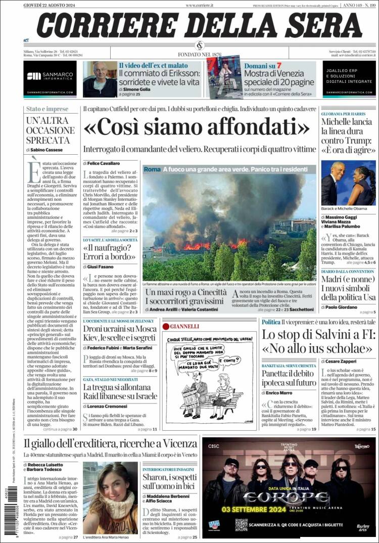 Portada de Corriere della Sera (Italia)