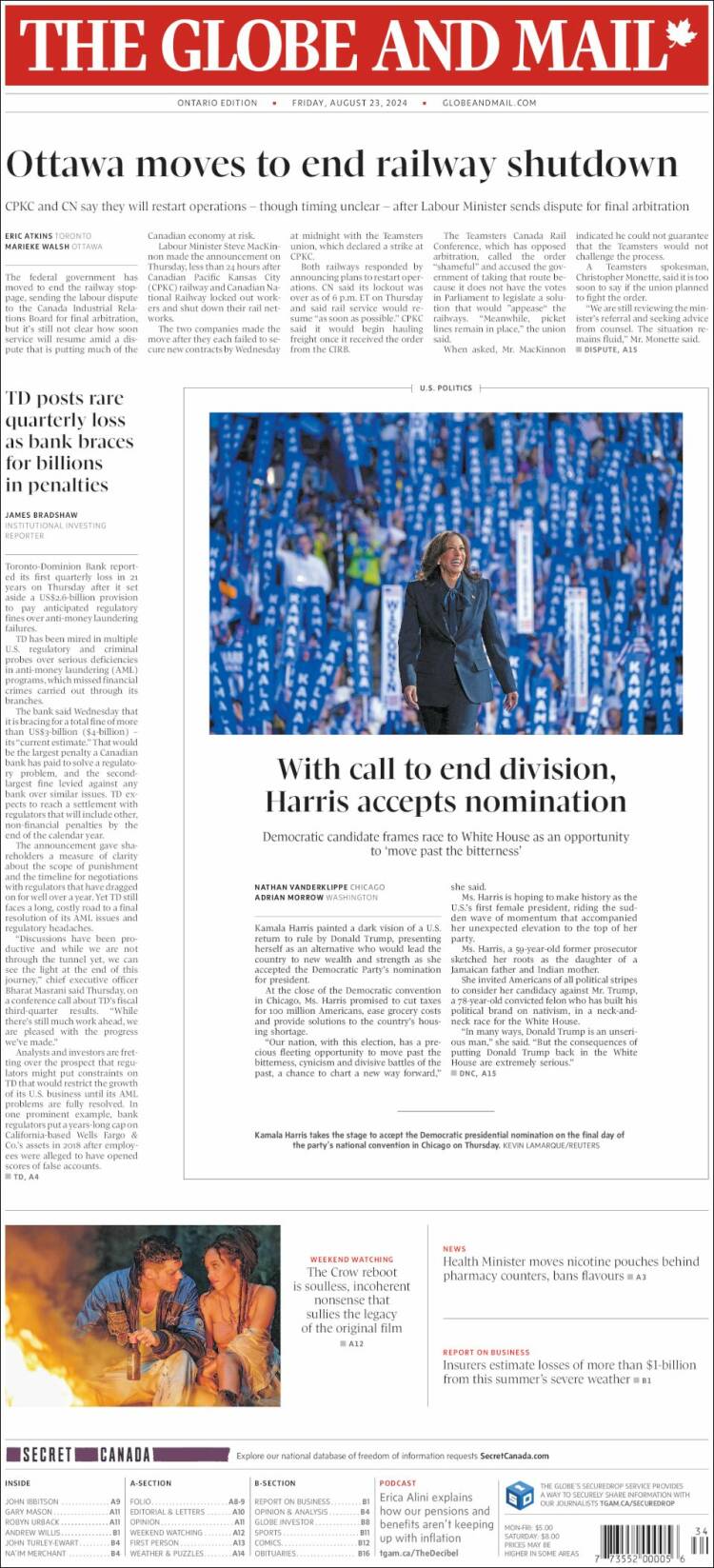 Portada de The Globe and Mail (Canad&aacute;)