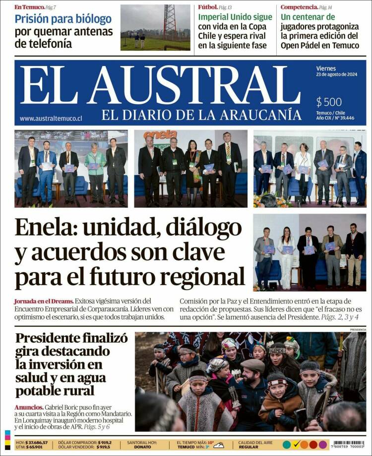 Portada de El Austral de Temuco (Chile)