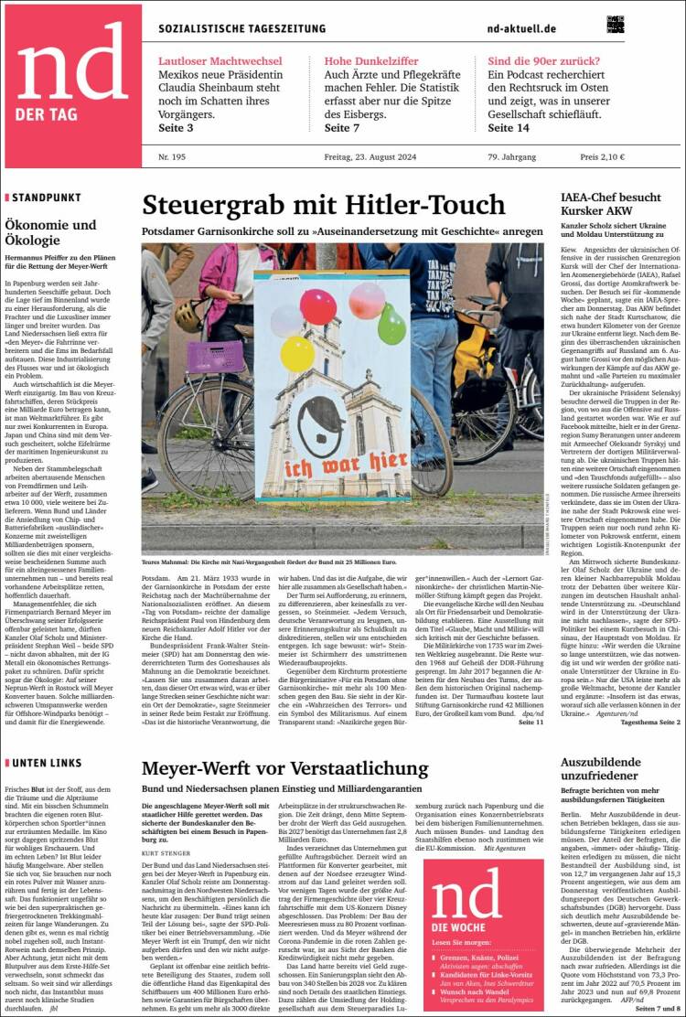 Portada de Neues Deutschland (Alemania)