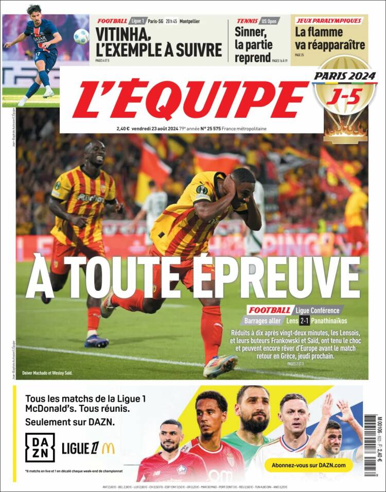 Portada de L'Equipe (Francia)
