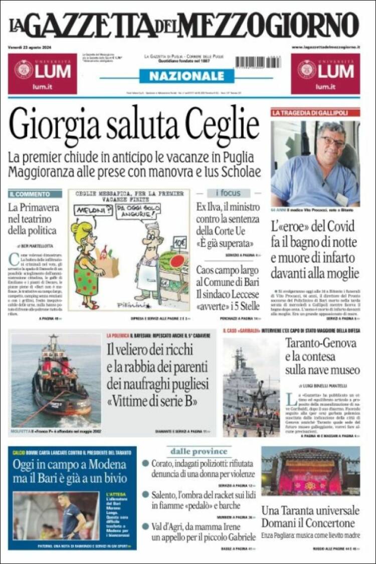 Portada de La Gazzetta del Mezzogiorno (Italia)