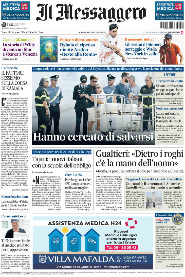 Portada de Il Messaggero (Italia)