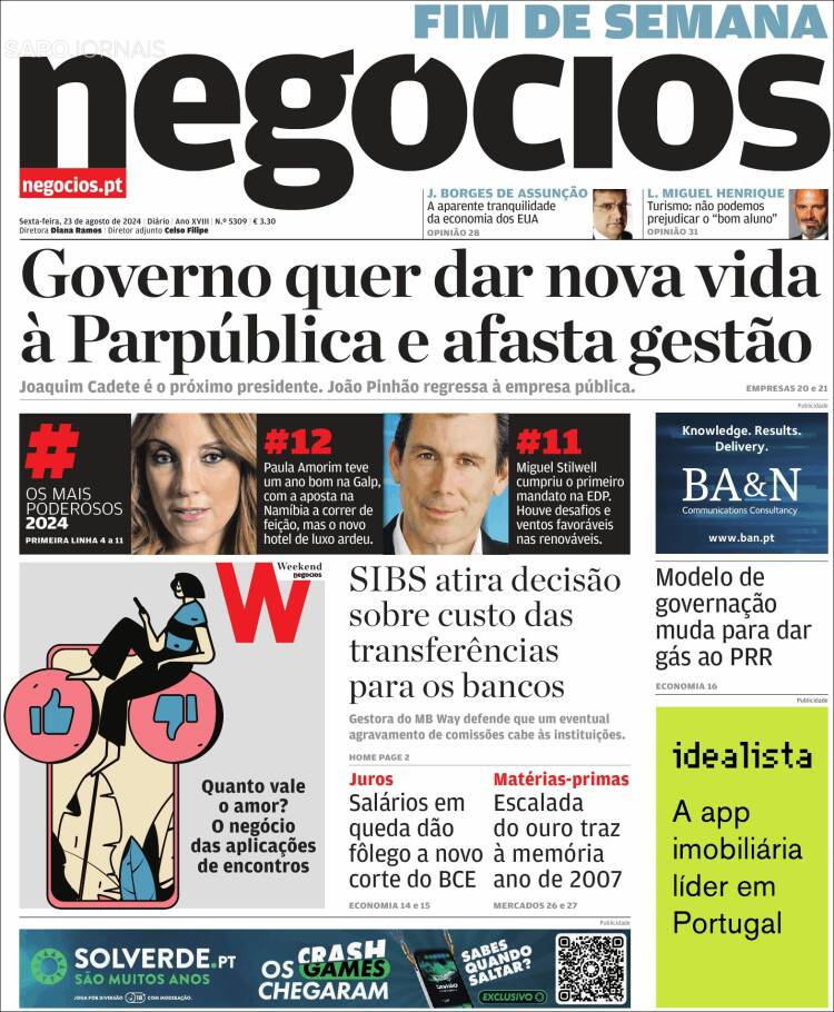 Portada de Jornal de Negócios (Portugal)